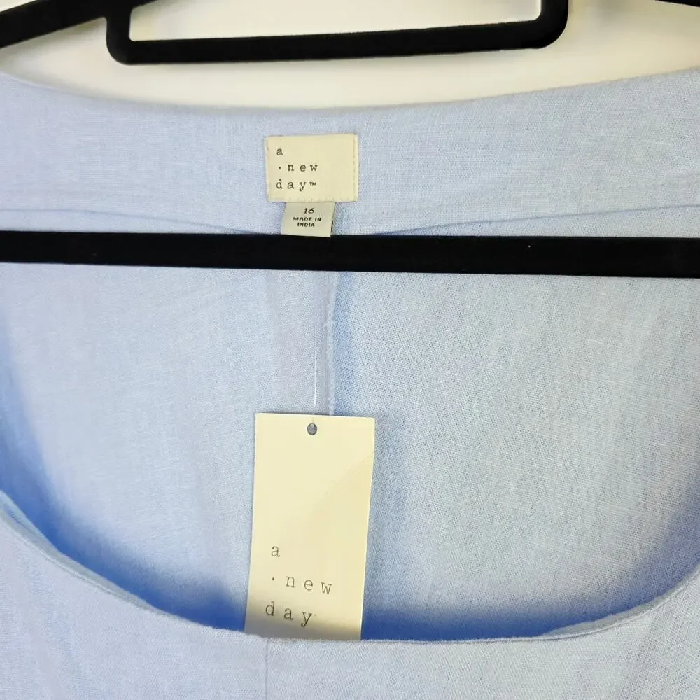 A New Day Mini Linen Dress Size 16 Light Blue Puff Sleeve Cottage Coastal Beach